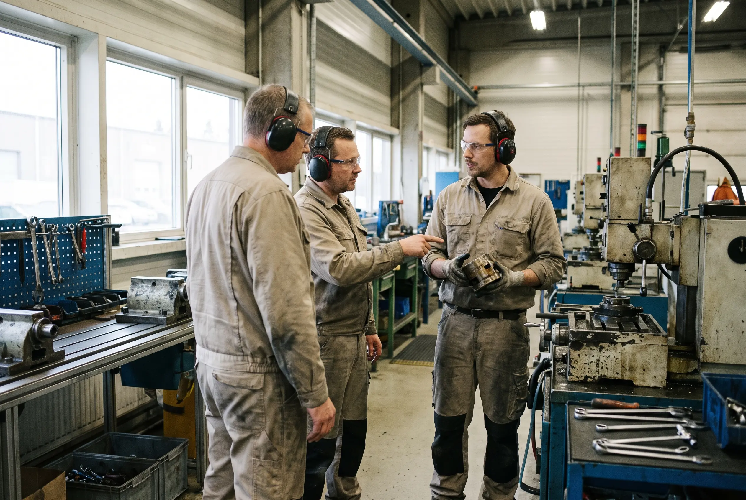 Tre yrkespersoner med skyddsglasögon och hörselskydd diskuterar en sliten komponent i en verkstad