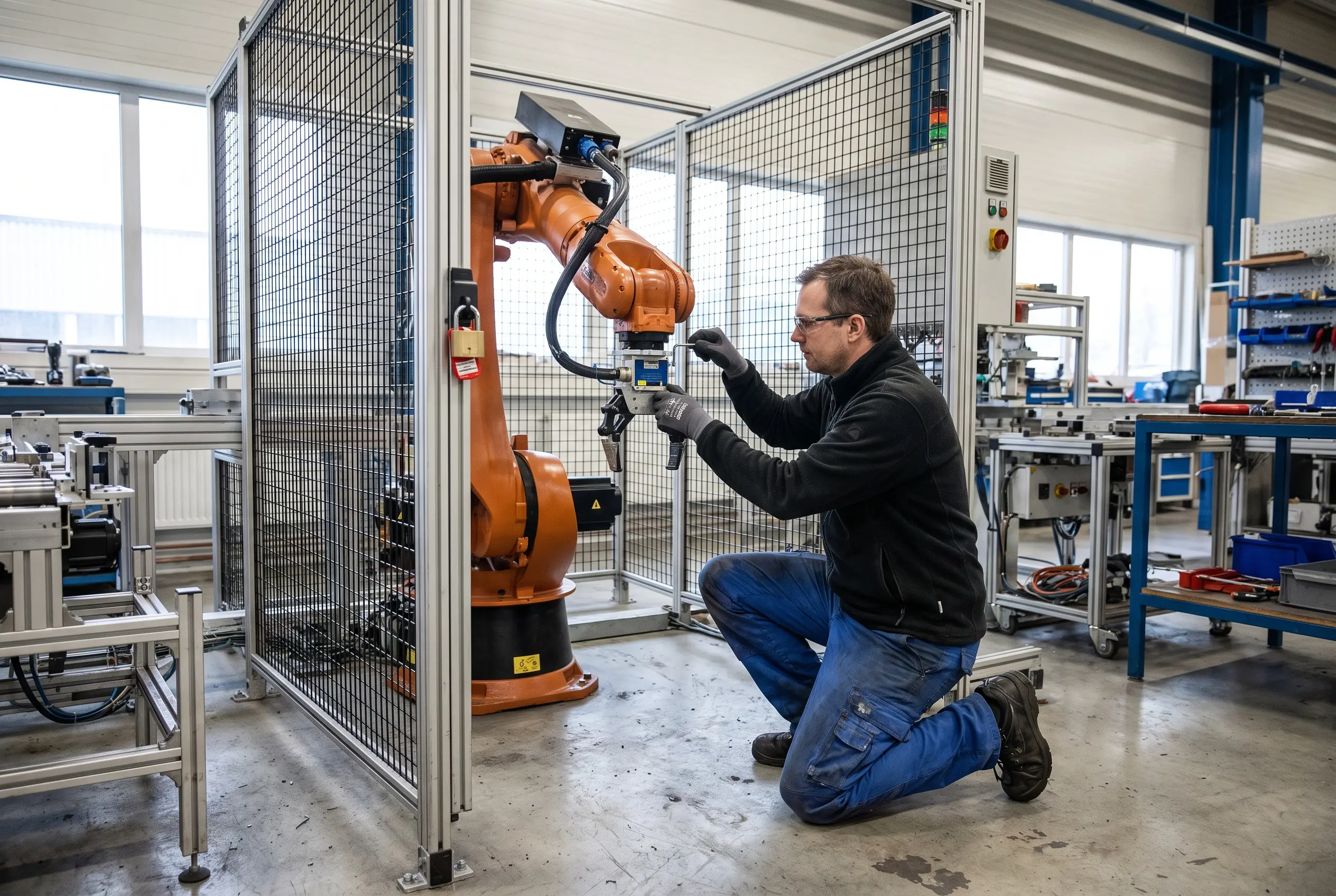 En automationstekniker justerar griparen på en robot i en robotcell