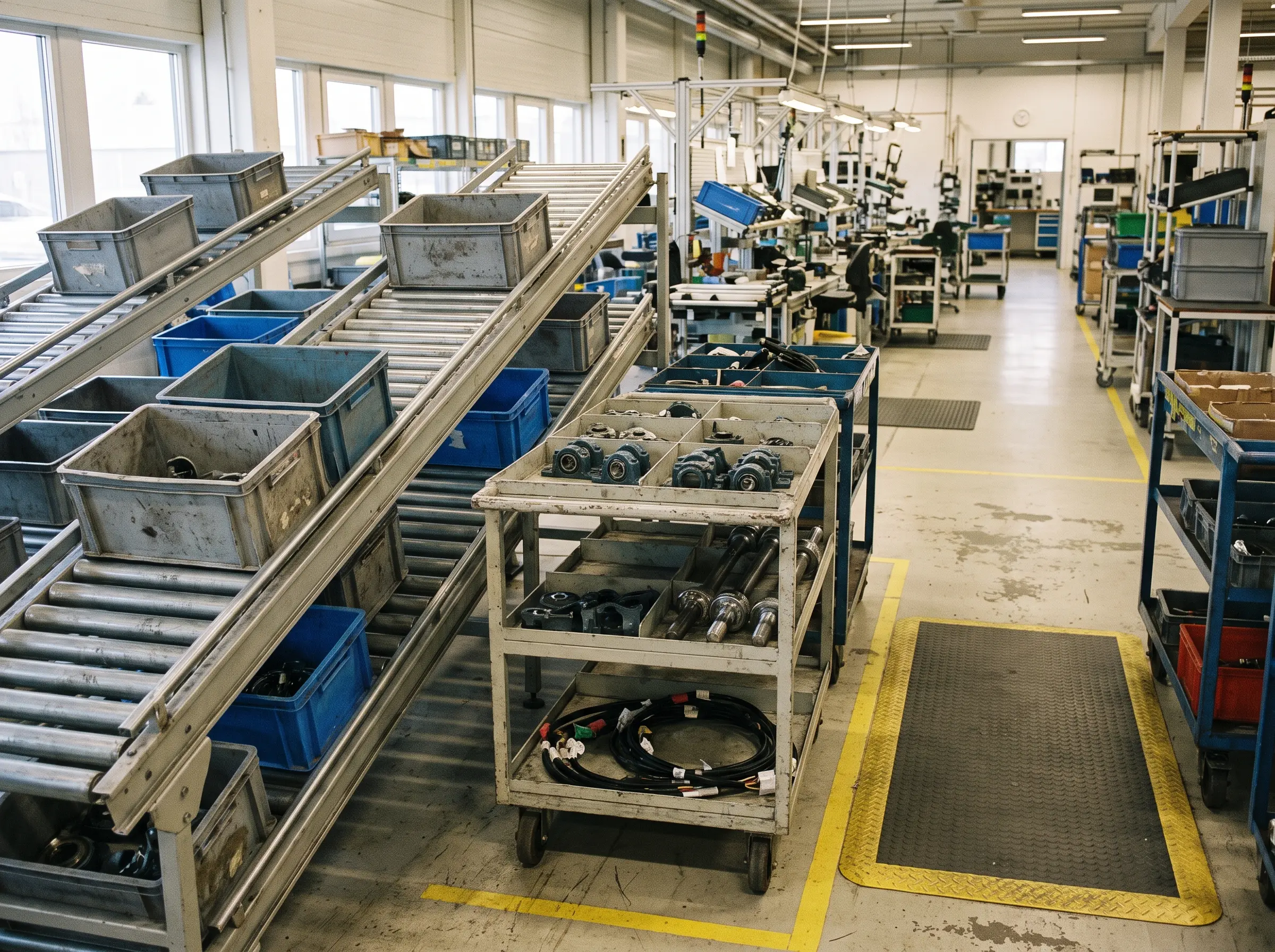 Rullbanor med smådelsbehållare och materialvagnar vid monteringsstationer