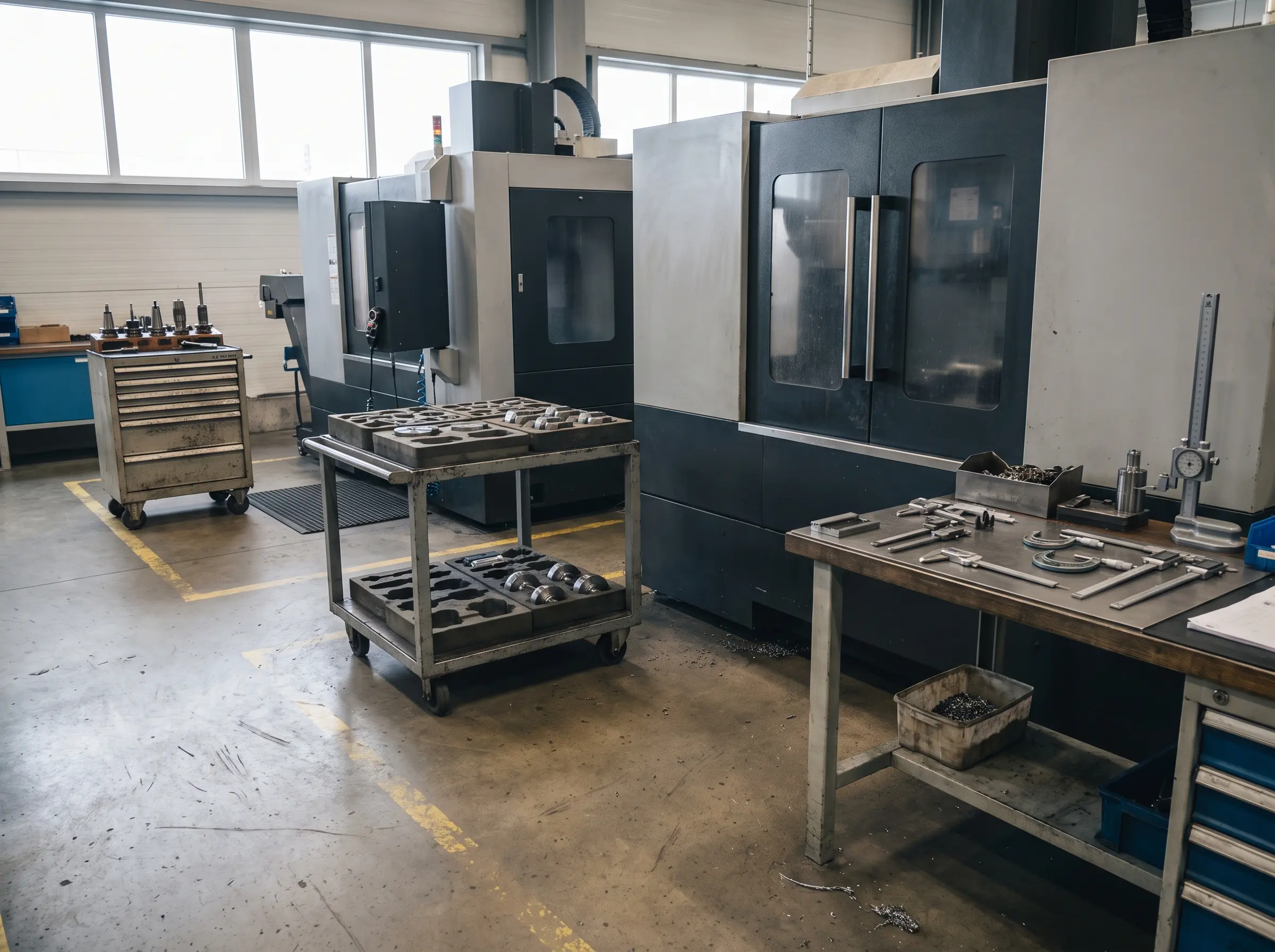 Tillverkningscell med CNC-maskiner och en vagn med bearbetade komponenter